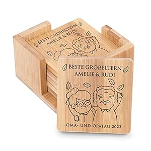 Maverton 6er Untersetzer Set mit Gravur – personalisiert – aus Bambus – mit Halter – Geschenke für Paare…
