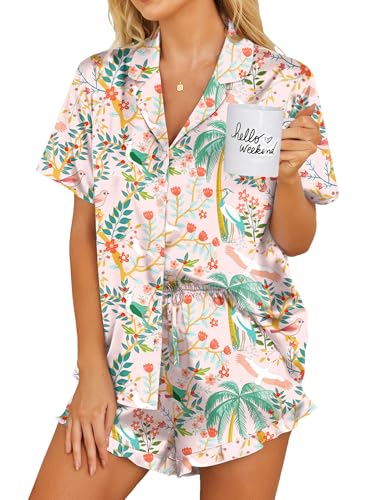 Image of Ekouaer Womens Satin Pajamas Set Button Down 2 Piece Silk Pjs Shorts Set Ruffle Lingerie Notch Collar Sleepwear