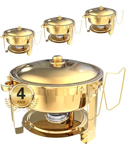 Beviliu Buffet Food Warmer Server - 4-Pack 6 Litre / 5.5QT Chafing Dish Set with Burners, Gold Warming Trays for Buffets, Catering, Parties & Weddings