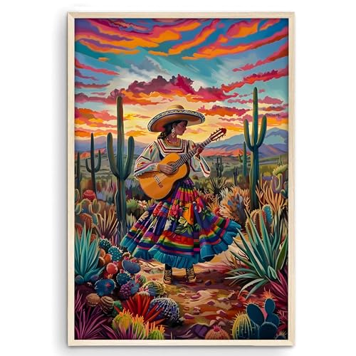 Eastern Print Mexican Woman Wall Art, Colorful Mexico Southwestern Traditional Artwork Posters, Mexica Home Office Bedroom Decor, Southwest Boho Mexican Folk Art Desert Sunset Wall Art (UNFRAMED)
