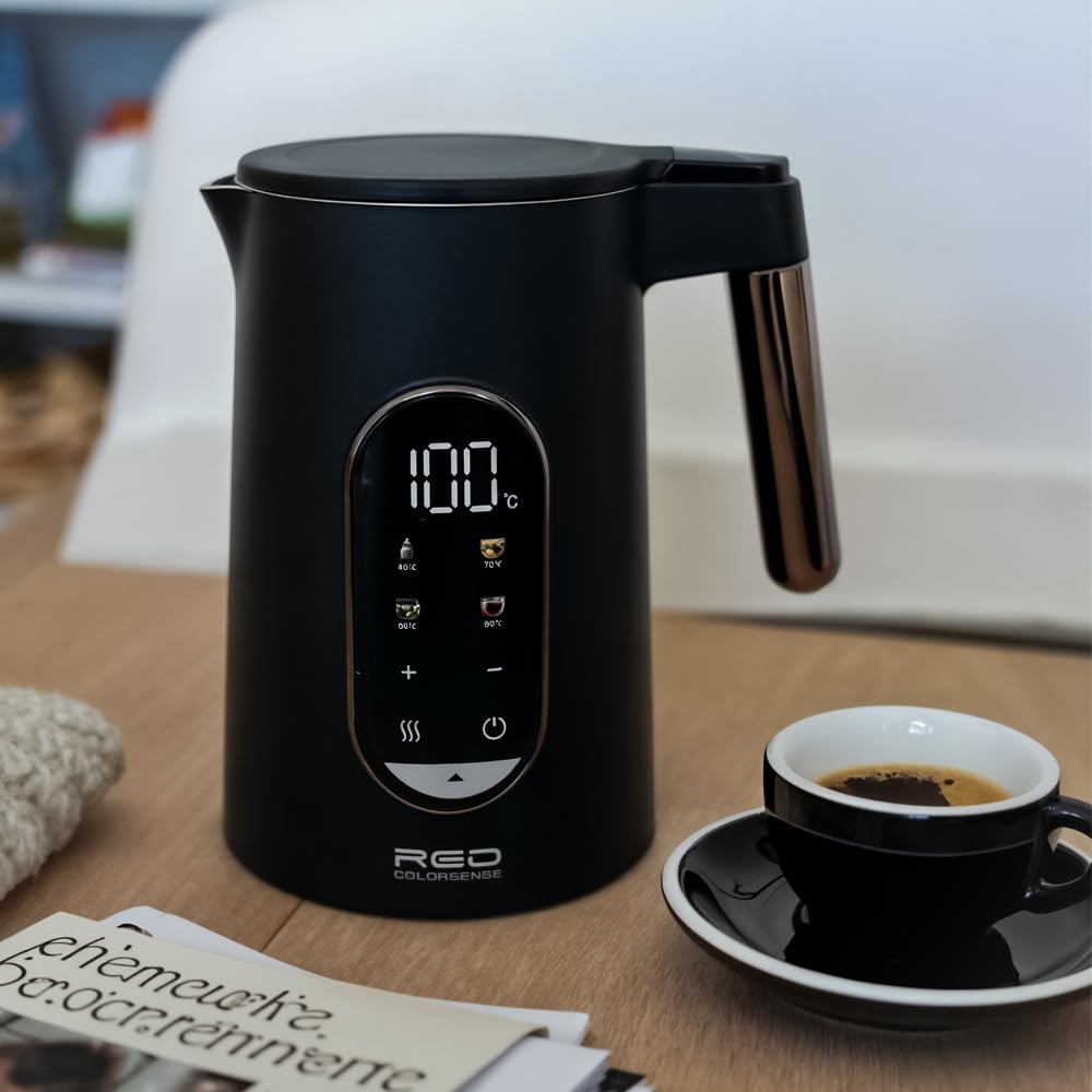 Edelstahl Wasserkocher 1,7L mit Temperatureinstellung (40-100°C) | 2000W Teekocher RED Colorsense A11E | Doppelwand Design | 2h Warmhaltefunktion & 5 Programme | BPA-frei | Kabellos LED| Display