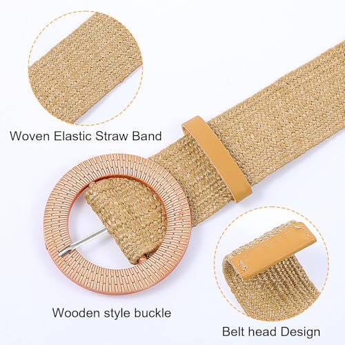 Straw Woven Belts for Women Elastic Stretch Rattan Buckle Waist Belts Fashion Boho Ladies Braided Skinny Dress Belt Wide Skinny Raffia Dress Waist Band with Round Buckle 37 × 3‘3