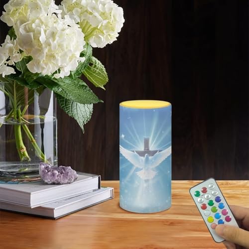Image of Poceacles Dove of Peace Cross Blue Flameless LED Candle Flickering Wick Electric Candles with Remote Timer Color Changing Fake Pillar Candle for Home Indoor Tabletop Wedding Decoration