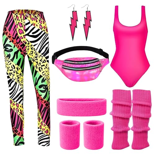 SSKHE - Fato de ano 80 para mulher, com leggings para bandana, pulseiras caneleiras, brincos, 80 unidades, acessórios para mulher (M)