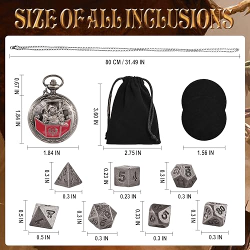 Image of Kabinka D&D Dice Set with Pocket Watch Shell, 7Pcs Polyhedral Dice Set, DND Dice with Necklace Perfect for Dungeons and Dragons Dice, RPG, Role Playing Dice Accessory (DM, Ancient Silver)