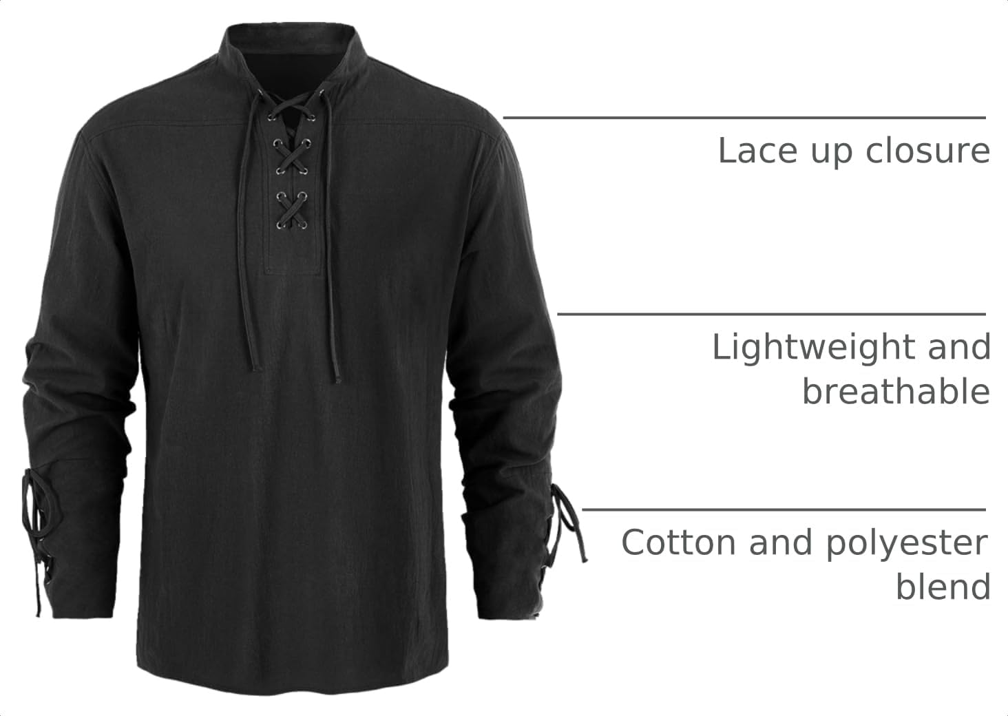 Mens Medieval Pirate Shirt Renaissance Costume Viking Long Sleeve Tops | Steampunk, Retro Renaissance Viking, Lace Up, Mercenary, Halloween, Scottish