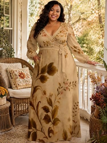 Image of PinkPatty Women's Long Sleeve Maxi Dress Plus Size Casual V Neck Wrap Dress with Pockets&Belt