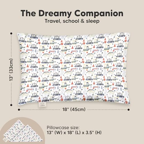 Image of Toddler Pillow with Pillowcase, 13x18 My Little Dreamy Pillow (Dino Patrol) | Kids Travel Bed Pillow for Sleep, Organic Cotton Small Pillowcase, Soft, Breathable, Machine Washable, Toddlers 2-5 years old