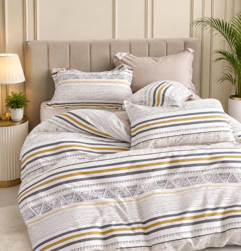 Image of Cotton Diwan Set Covers |8 Pieces Diwan Cover Set|300 TC Fabric| Pure Cotton Printed Deewan Set (1 Single Bedsheet, 2 Bolster Covers, 5 Cushion Covers)| (Cream Blue Yellow)