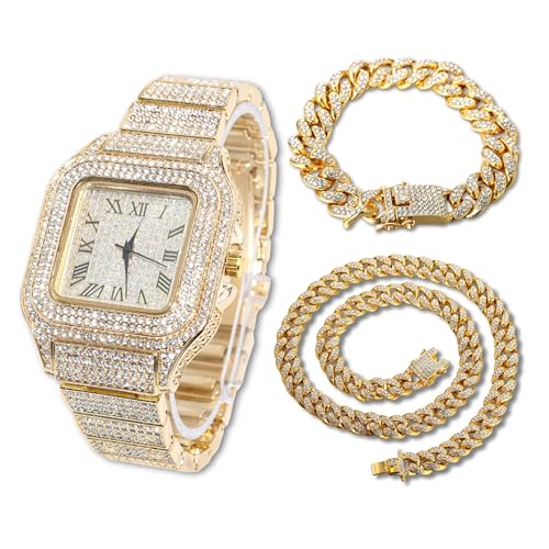 Halukakah Men’s Watch - The King - 18K Gold/Platinum Plated, 40MM Square Dial, Iced Out Wristband, with Cuban Link Chain Necklace and Bracelet Set Optional, Comes in Giftbox