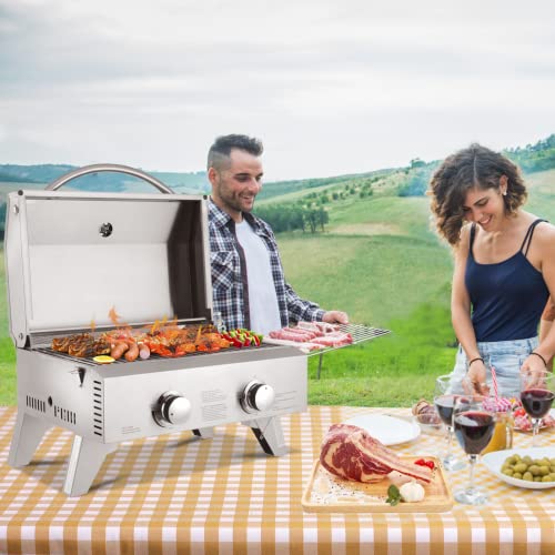 Rovsun Extra Large 20,000 Btu Portable Gas Grill, 2 Burner Tabletop Propane Griddle With Foldable Legs, Regulator & Full Stainless Steel For Outdoor Picnic Camping Trip, Tailgating, Patio Garden Bbq Home Use #TOP5