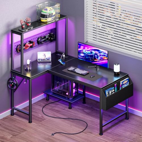 PRAISUN L Shaped Gaming Desk with LED Lights