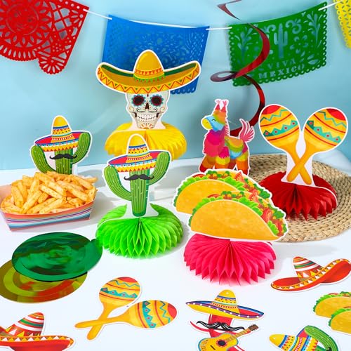 Image of 20 PCS Fiesta Party Decorations Set Mexican Banner Cinco De Mayo Mexico Banner Hanging Swirls and Honeycomb Centerpieces for Mexican Theme Fiesta Taco Birthday Party Decoration