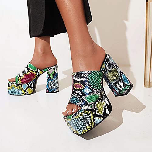 Hayvchoii Womens Chunky High Platform Heel Mules Square Peep Toe Slide Casual Sandals Modern Walking Clog Shoes Size 6 Snake Print #TOP2