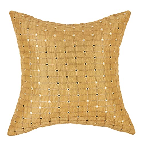Image of Yellow Decorative Cushion Covers 20x20 inches Set of 2, Embroidered Mirror Work Pillow Covers, Designer Sofa Cushion Covers with Sequins