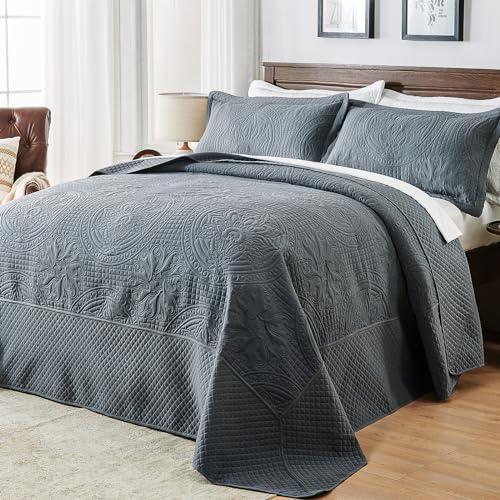Image of Qucover King Size Bedspread Oversized, 3 Piece Oversized King Bedspread 128x120, All Season Lightweight California King Quilt Set, intage Persian Pattern, with 2 Shams, Dark Grey