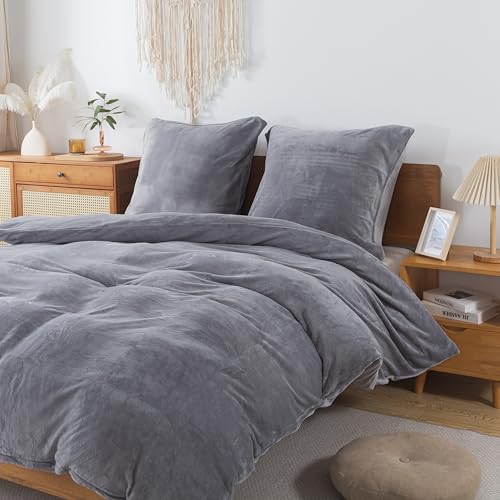 WUMIUER Plüsch Bettwäsche 135x200 cm Grau 2tlg Set, Winter Biber Warm Flauschig Bettbezug und 1 Kissenbezug 80x80cm… – Ansicht 6