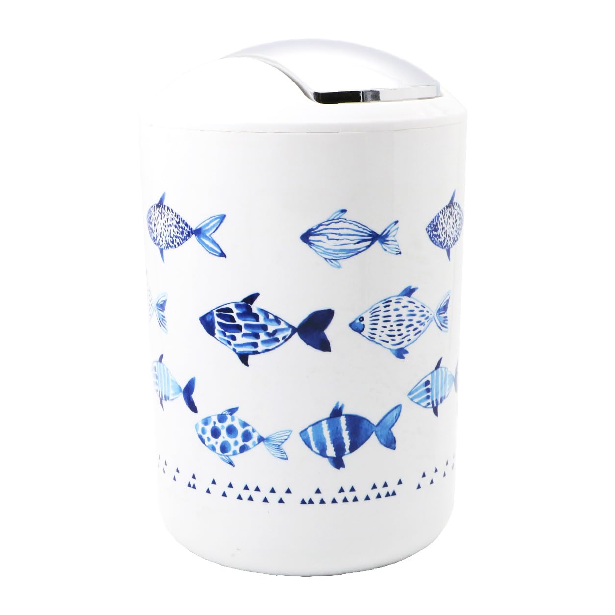 BM 4026 Set di Accessori da Bagno Bianco Blu Decorato Motivo Pesciolini, Accessori Bagno Completo 6 Pezzi, Dispenser, Portaspazzolino, Bicchiere, Portasaponetta, Portascopino, Pattumiera