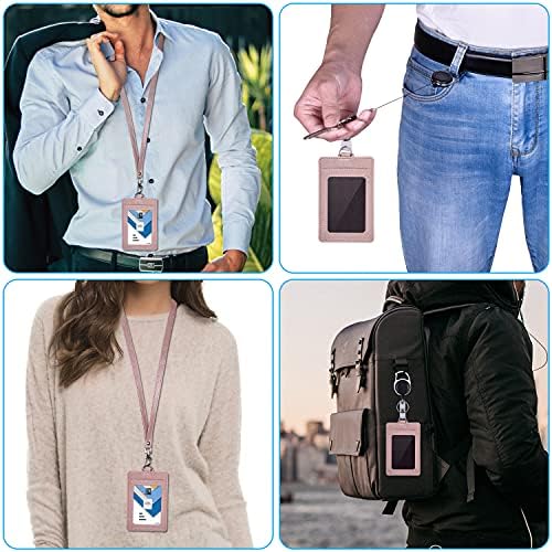 Wisdompro Badge Holder, 2-Sided PU Leather ID Badge Card Holder with 1 Clear ID Window and 2 Card Slots, 18.8 inch Neck Lanyard Strap and Carabiner Retractable Reel Clip - Rose Gold (Vertical)