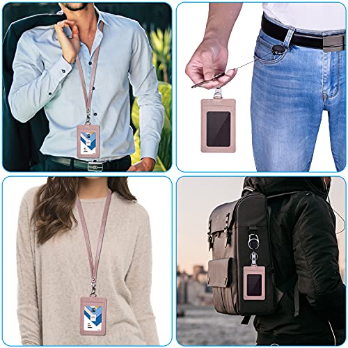 Wisdompro Badge Holder, 2-Sided Pu Leather Id Badge Card Holder With 1 Clear Id Window And 2 Card Slots, 18.8 Inch Neck Lanyard Strap And Carabiner Retractable Reel Clip - Rose Gold (Vertical) #TOP5