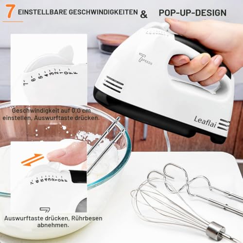 Foto von Leaflai 300W Handrührer Elektrischer Handmixer 7 Stufiger für Küche, Weiß | 5 Edelstahl-Aufsätze Turbo-Boost/Selbststeuerung der Geschwindigkeit+Auswurftaste Lebensmittelmixer für Kuchen Eier