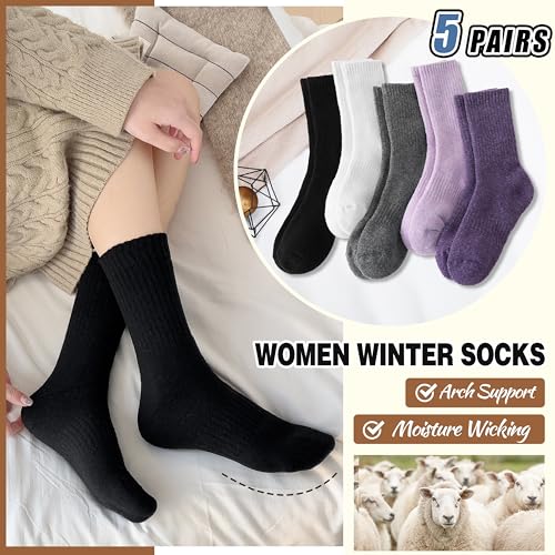 Image of EBMORE 5 Pairs Women Merino Wool Boot Socks Warm Thermal Winter Thick Hiking Cozy Cabin Crew Comfy Socks for Ladies