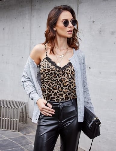 Image of Ekouaer Women's Satin Camisole Lace Silk Satin Pajama Tank Tops V Neck Soft Spaghetti Strap Loose Sleepwear