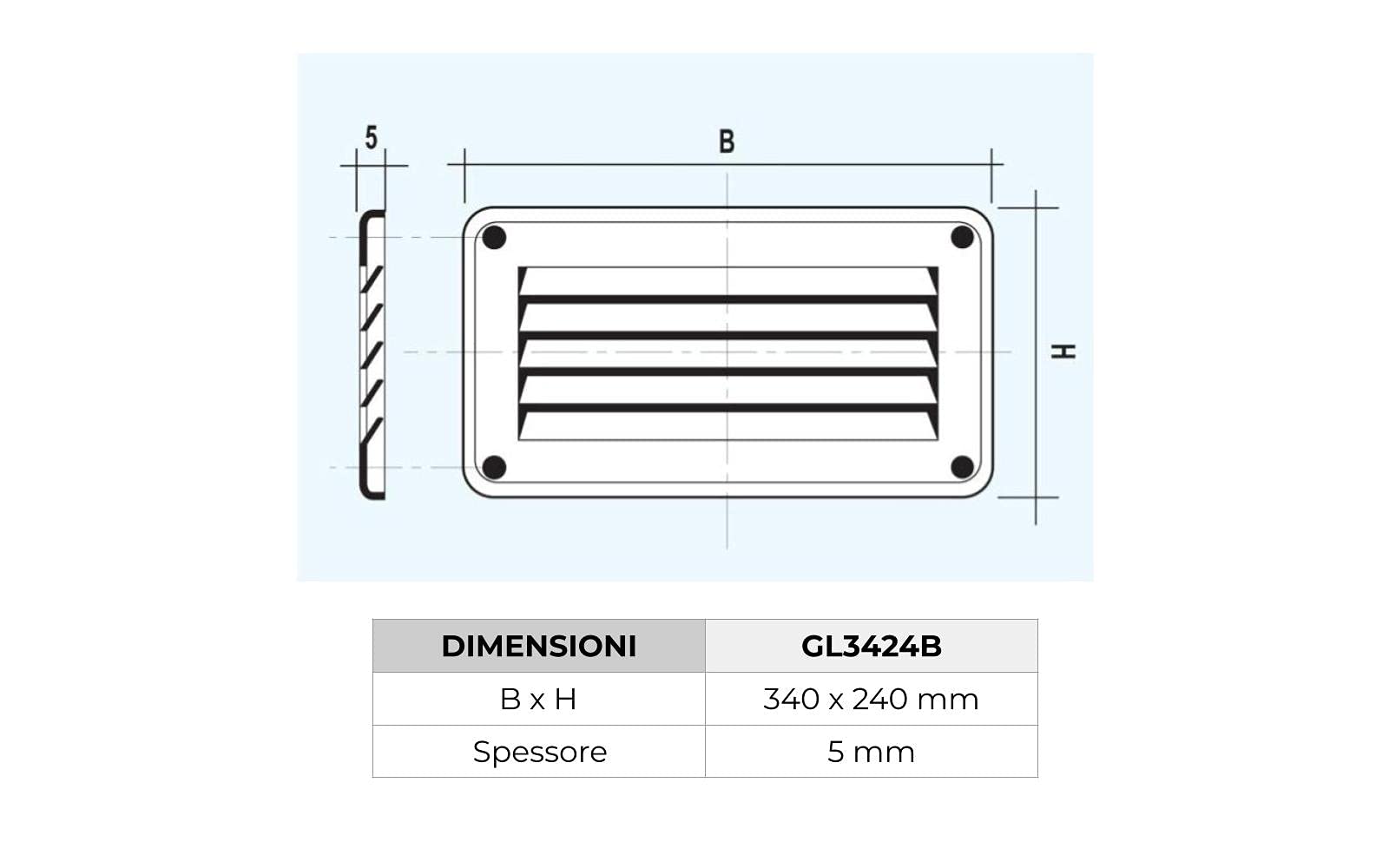 La Ventilazione GL3424B Griglia di Ventilazione Rettangolare in lamiera verniciata bianca da Sovrapporre, dimensioni 340x240 mm.