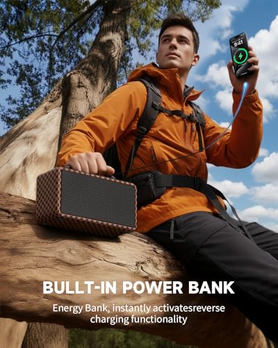 Image of DINDIN Portable Bluetooth Speaker: 80W (Peak), 20H Playtime, Wireless Big Wood Boombox with Deep Bass, Subwoofer, TWS, Large, Loud Speaker for Party, Outdoor, Backyard, Beach, Home,Gift(Black+Brown)