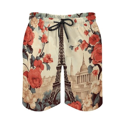 Mens Shorts Paris Vintage Floral Men Swim Trunks Quick-Dry Beach Shorts with Drawstring Pocket Bathing Suit4