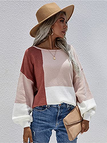 Image of ECOWISH Women Sweater Long Sleeve Color Block Knit Pullover Sweaters Crew Neck Patchwork Casual Loose Jumper Tops