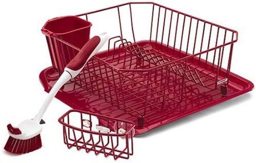 Rubbermaid Sink Set with Dish Drying Rack, Drainboard, Sponge Caddy, and Brush, Red, 4-Pieces