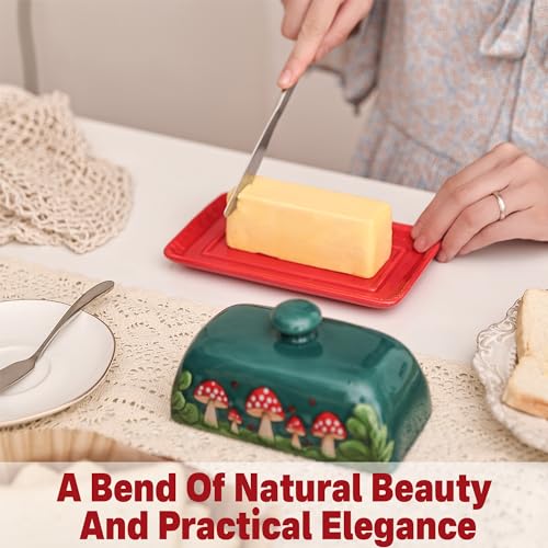 Fungi Fun Mushroom Butter Dish With Lid For Countertop Ceramic Butterdish, Red Mushroom Butter Container, Butter Tray Large Butter Dish Covered (Dark Green & Red Mushroom Butter Dish) - Thumbnail 7