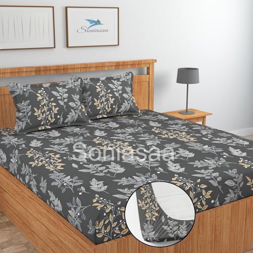 Image of 230 TC Glace-Cotton All Around Elastic Fitted Bedsheet, Elastic Fitted Bedsheet King Size Bedsheet for Double Bed with 2 Pillow Covers, Size - 72 x 78 x 8 Inch Color Grey