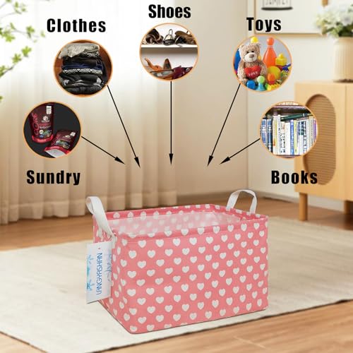 Image of Rectangular Storage Basket Collapse Canvas Fabric Cartoon Storage Bin with Handles for Organizing Home /Kitchen /Kids Toy /Office /Closet /Shelf Baskets(REC pink heart)
