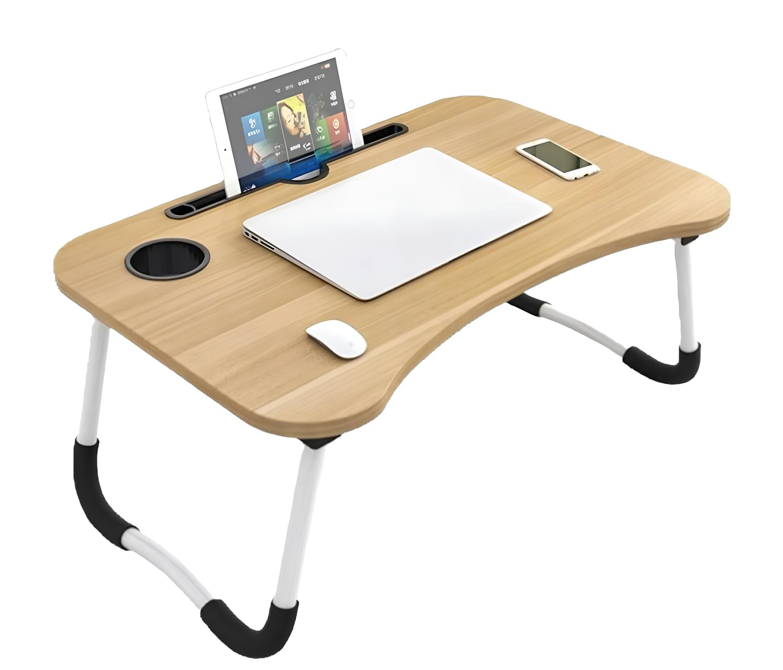 SUNLUX Tavolino da Letto Pieghevole in MDF 60x40 cm - Tavolo da Colazione con Porta Tablet e Smartphone, Design Ergonomico, Resistente all'Umidità - Ideale per PC, Colazione e Relax