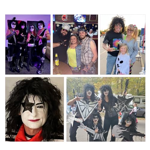 Image of Men's 80s Heavy Metal Rock Wig, Long Curly Punk Wig, Vintage Glam Rocker Mullet Wig for Halloween Party and Cosplay Cap+Sunglasses+Comb (Black)