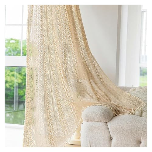 Rideaux dentelle salon beige 140x180 cm avec crochet œillets et pompons