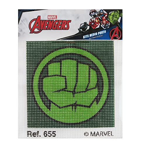 Haberdashery Online Kit punto croce per bambini, Hulk. Kit mezzo punto 18x15 cm. Kit ricamo a mano prestamato con filo e ago