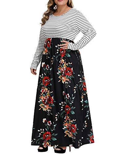 Allegrace Women Plus Size Casual Dress Floral Print Long Dresses Striped Pockets Long Sleeve Maxi Dress P73 Red Flowers Black 4X