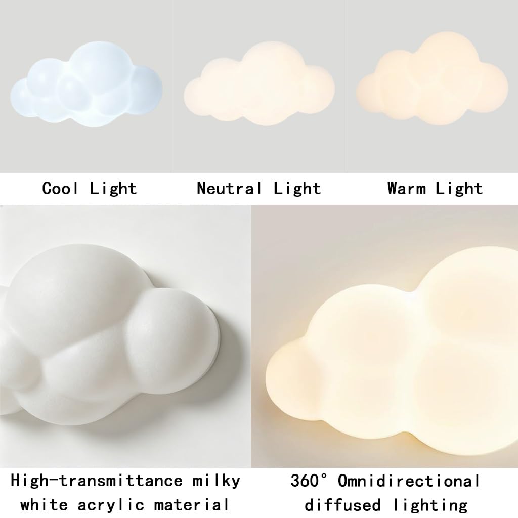 LED Wandleuchte Für Das Bett 3D Wolken Wandlampe Kinderzimmer Mit Cremeweißem PE Schirm 3 Stufig Einstellbare Lichtfarbe Geeignet Für Schlafzimmer Wohnzimmer Babyzimmer Flur Deckenmontage(groß)