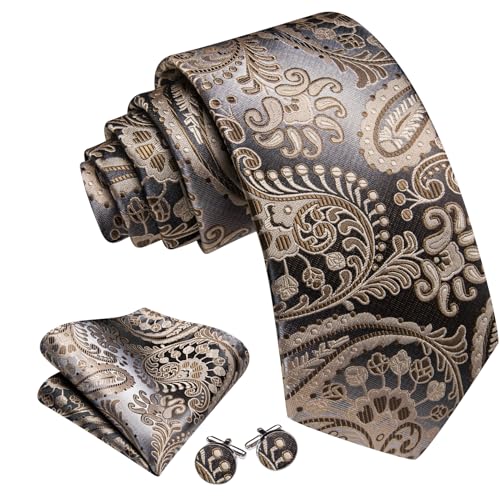 Image of Barry.Wang Men Tie Set Paisley Silk Necktie Pocket Square Cufflinks Formal Wedding Business Party