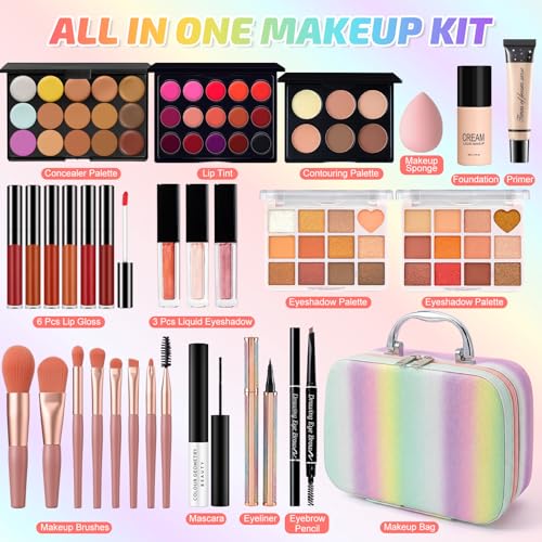 Schminkset Teenager Mädchen, Schminkkoffer Damen, All in One Make Up Set mit Reisetasche, Makeup Starter Kit Geschenkset mit Lidschatten Palette Foundation Augenbrauenstift Mascara Lipgloss Eyeliner