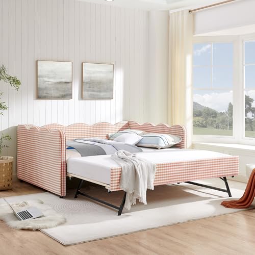 Image of KEIKI Full Size Upholstery Gingham Daybed with Trundle and USB, Pink