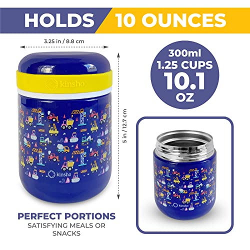 Image of Bento Box With Thermo, Insulated Lunch Bag, & Ice Pack Set For Kids Or Toddlers. Stainless Steel Food Jar, 5 Compartment Lunch-Box For Pre-School Or Daycare, Blue Yellow Trucks
