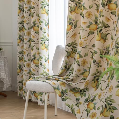 Image of 80% Blackout Curtains for Bedroom, Lemon Leaf Window Drapes 72 Inch Length for Living Room, Thermal Insulated Grommet Curtains, 2 Panels