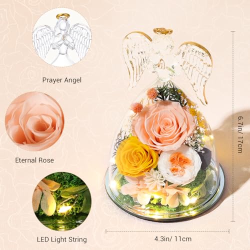 Emibele Mother's Day Angel Rose Gifts for Mom Grandma, Preserved Real Rose in Glass Angel Figurines, Eternal Flower Gifts for Women on Birthday Anniversary Thanksgiving Christmas, Champagne - Afbeelding 3