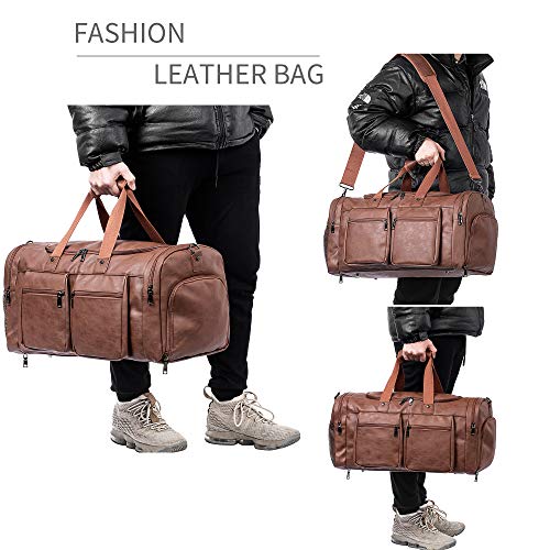 Seyfocnia Leather Travel Bag With Shoe Pouch,Weekender Overnight Bag Waterproof Leather Large Carry On Bag Travel Tote Duffel Bag For Men Or Women-Brown thumb #5