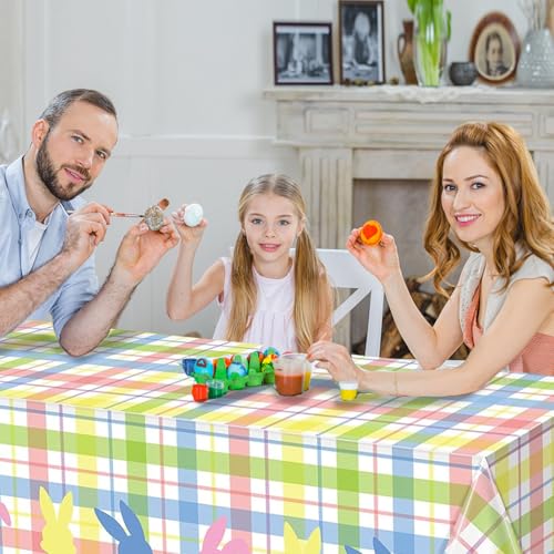 Image of OQOQ Plaid Pastel Easter Tablecloth (3 Packs) -108x54 inches Easter Table Cloth Colourful Happy Bunny Disposable Waterproof Table Cover for Spring Party Decoration Picnic Dinning Home Decor