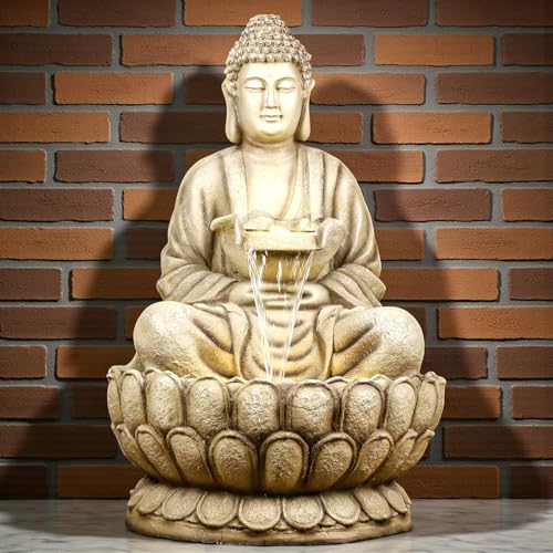 Image of 44 inch Kamal Buddha Water Fountain for Home & Garden|Fiber Buddha Fountain with LED Light|Indoor Outdoor Fountain for Vastu & Positivity (Beige, 44 inch Super Buddha Fountain)